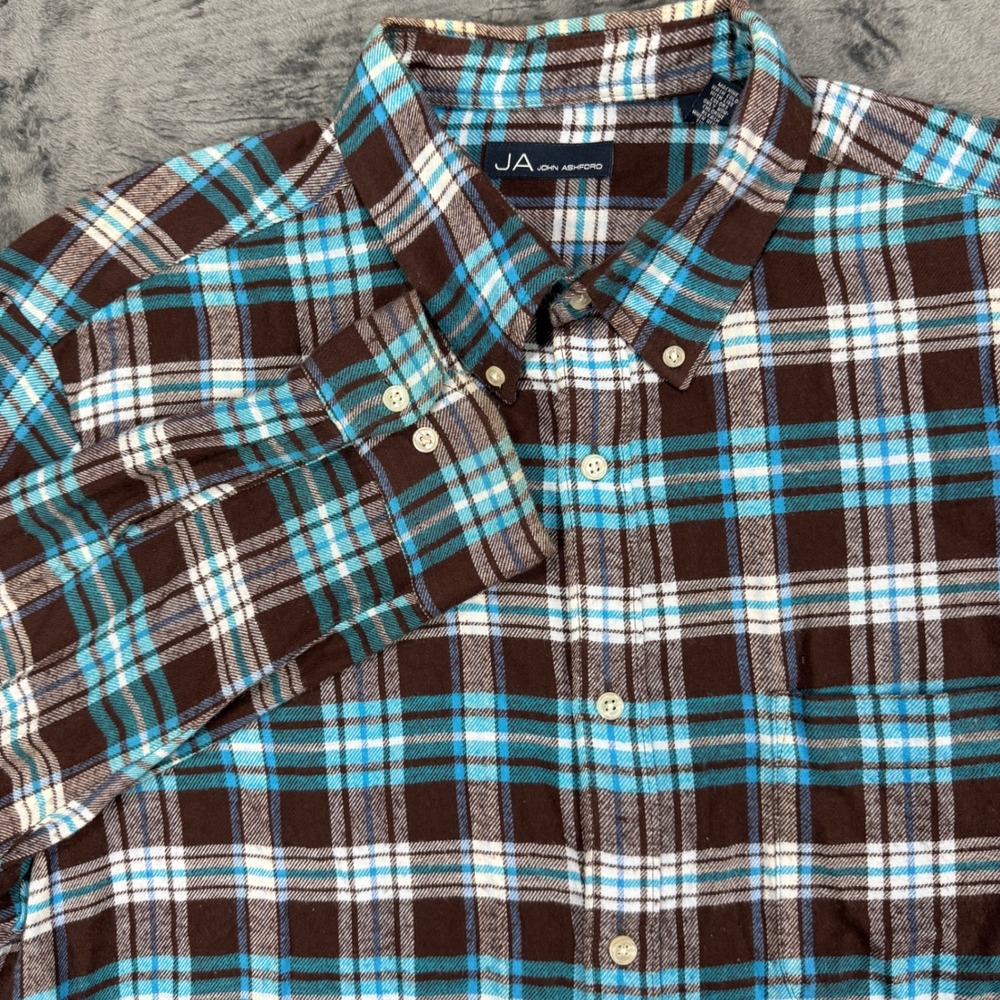 John Ashford Flannel Shirt Mens XXL Brown Blue Plaid
